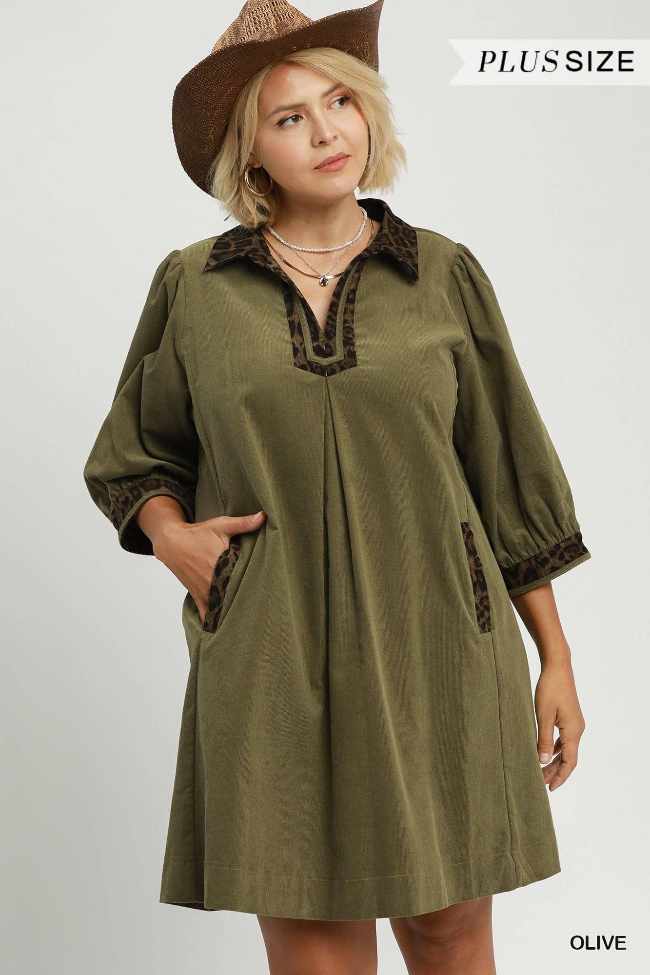 Plus V-neck Shift Dress With Contrast Trim: BROWN / 1-1-1(XL-1XL-2XL)