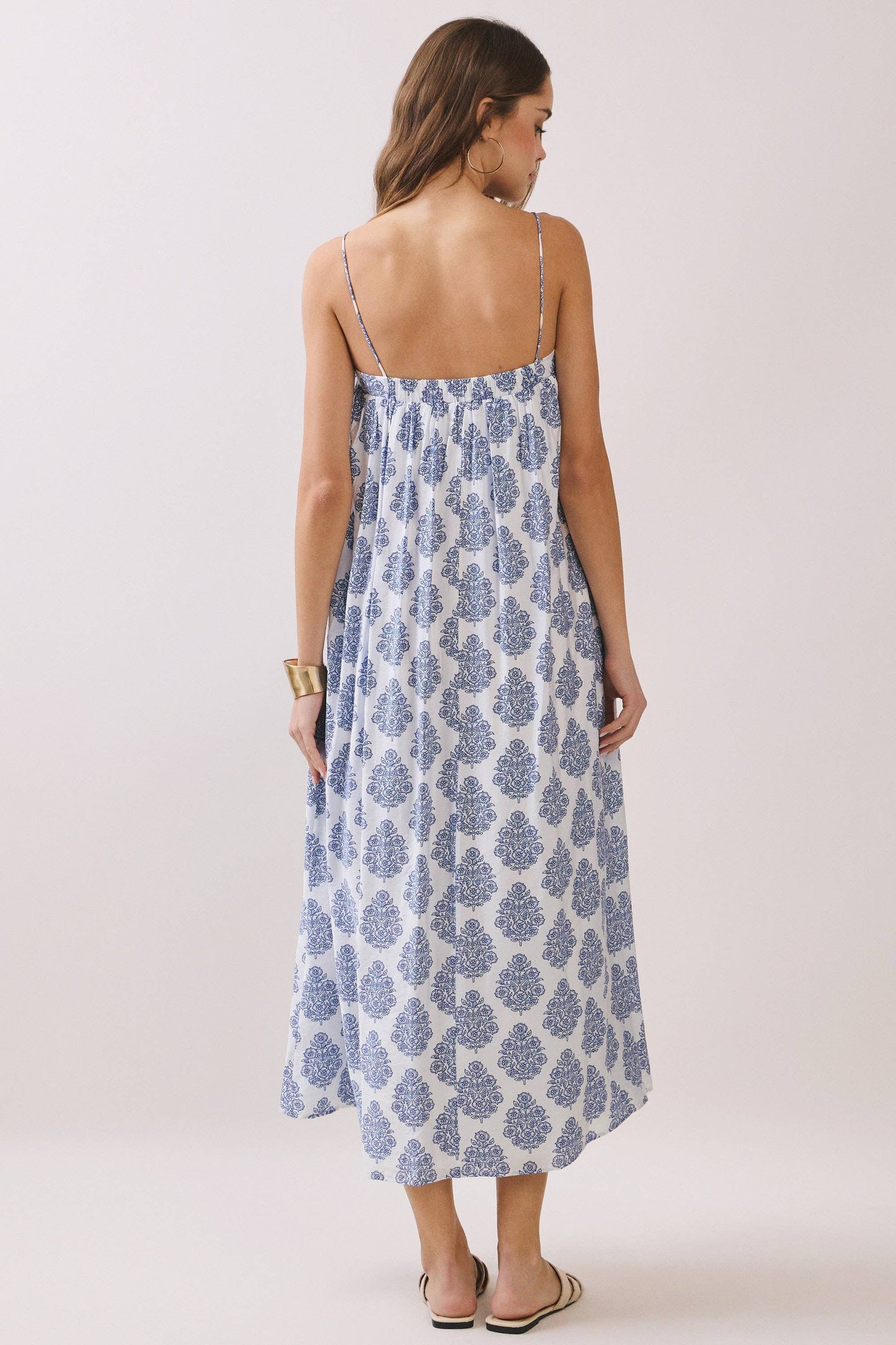 CD06741-Printed Flowy Silhouette Side Pockets Maxi Dress: Blue / M