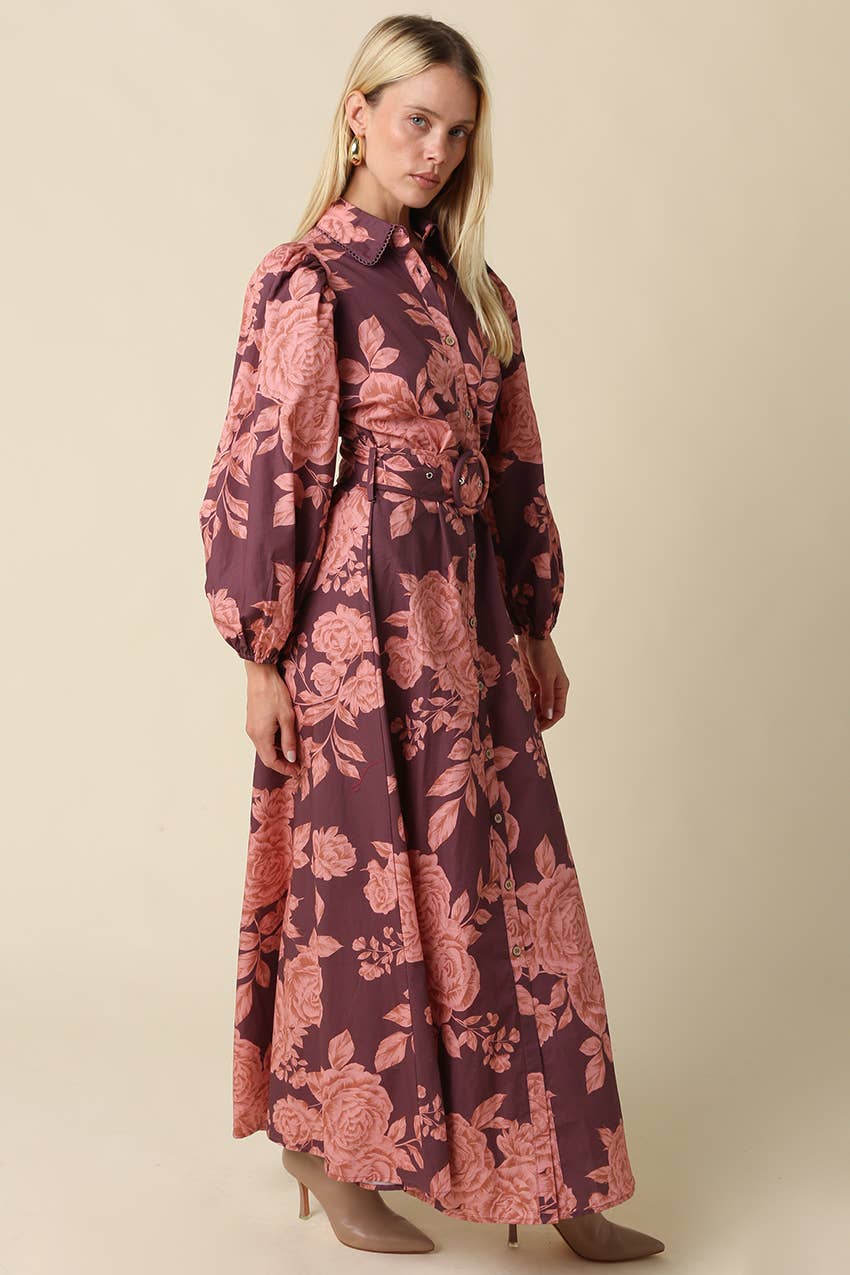 Kylie Floral Belted Maxi Dress: Wine Pink / S