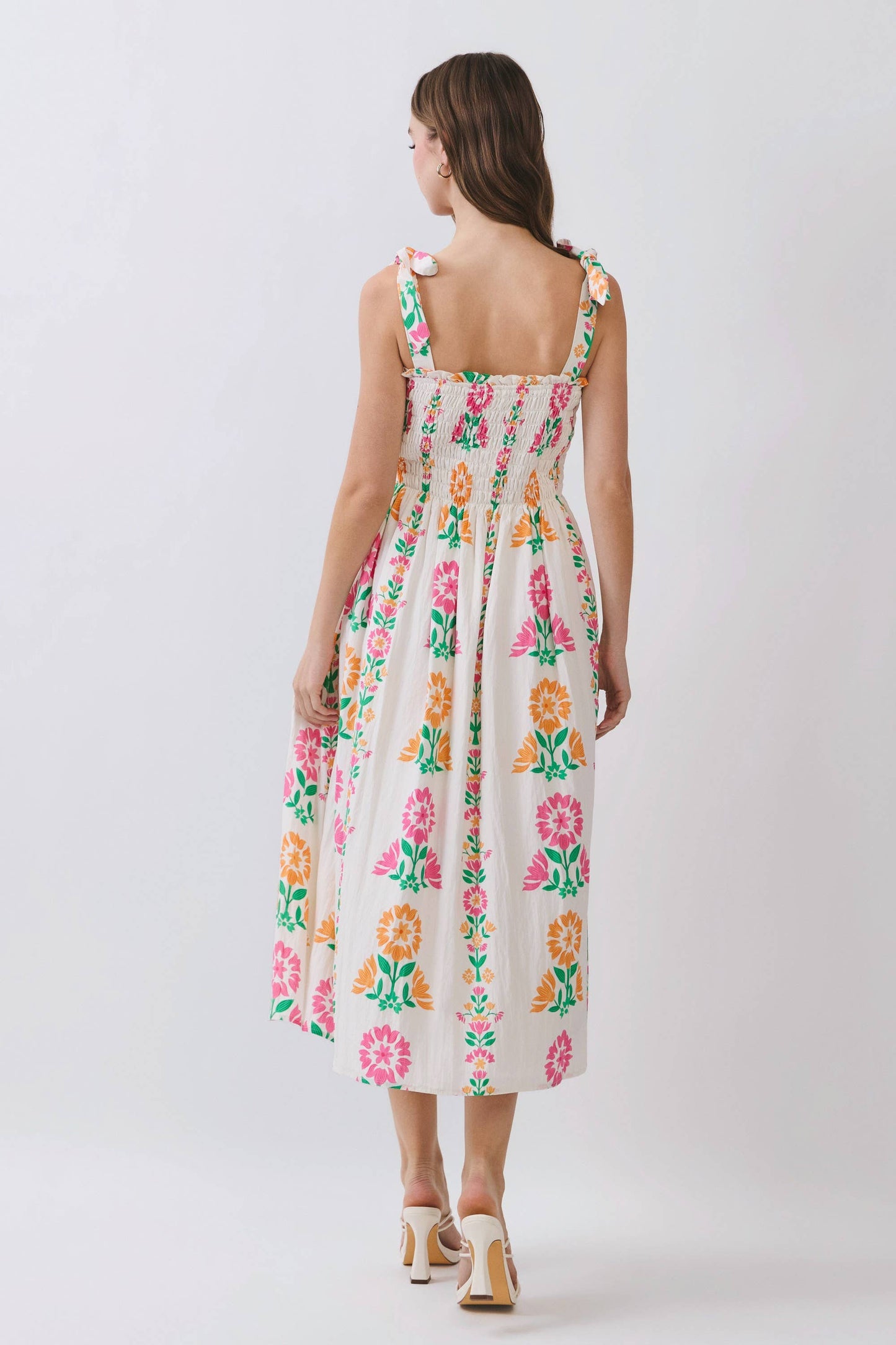 CD07037-Floral Print Smocked Bodice Tie Strap Midi Dress: Pink / S