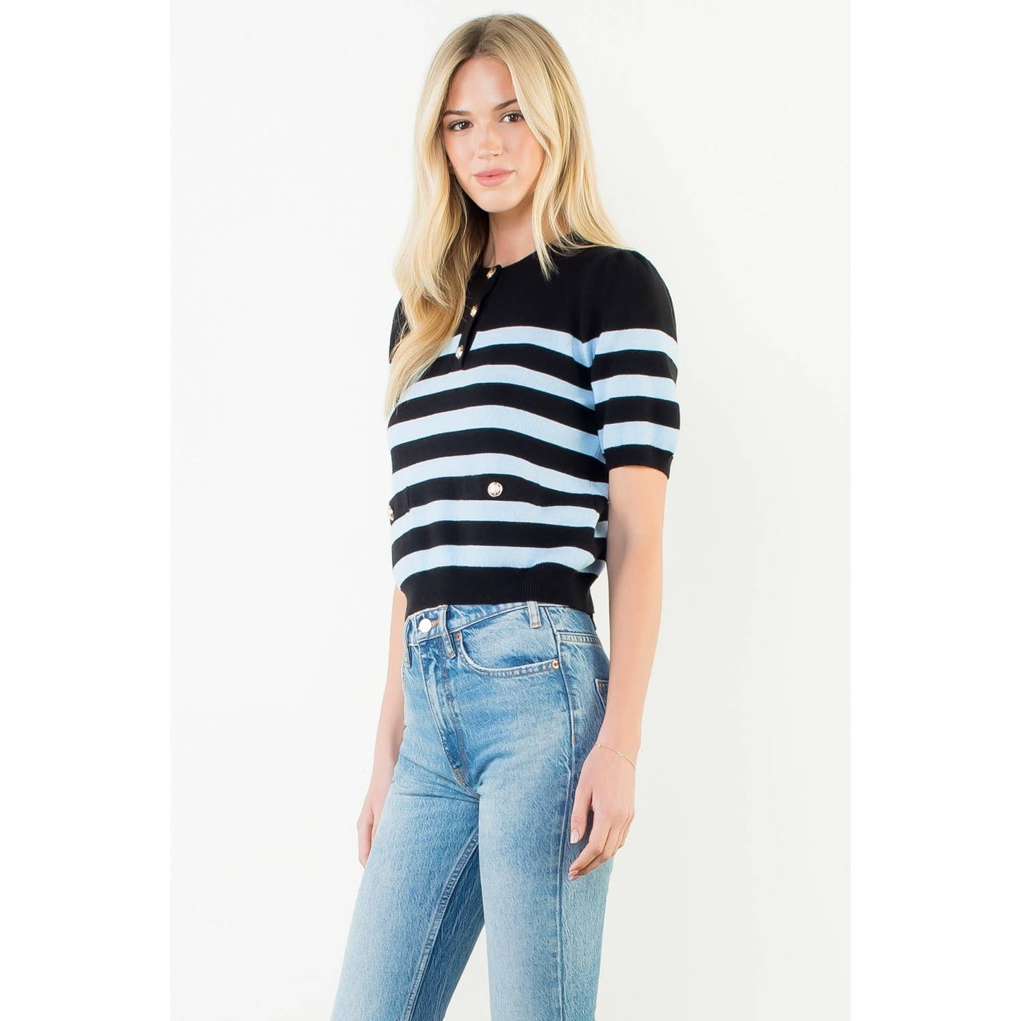 Short Sleeve Striped Knit Top: BLUE / XS-S-M-L(1-2-2-1)