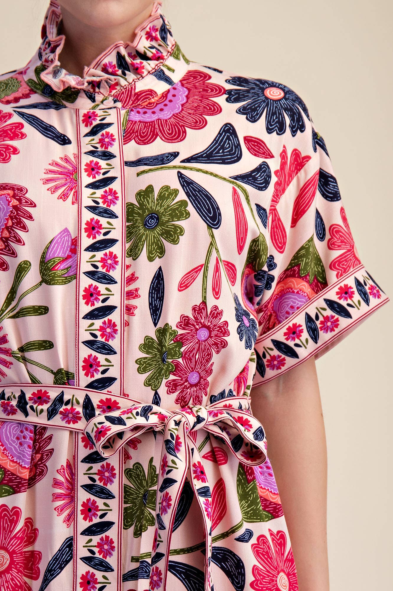Waist Tie Belt Collar Neck Button-Up Shirts Floral Midi Dres: Coral / L