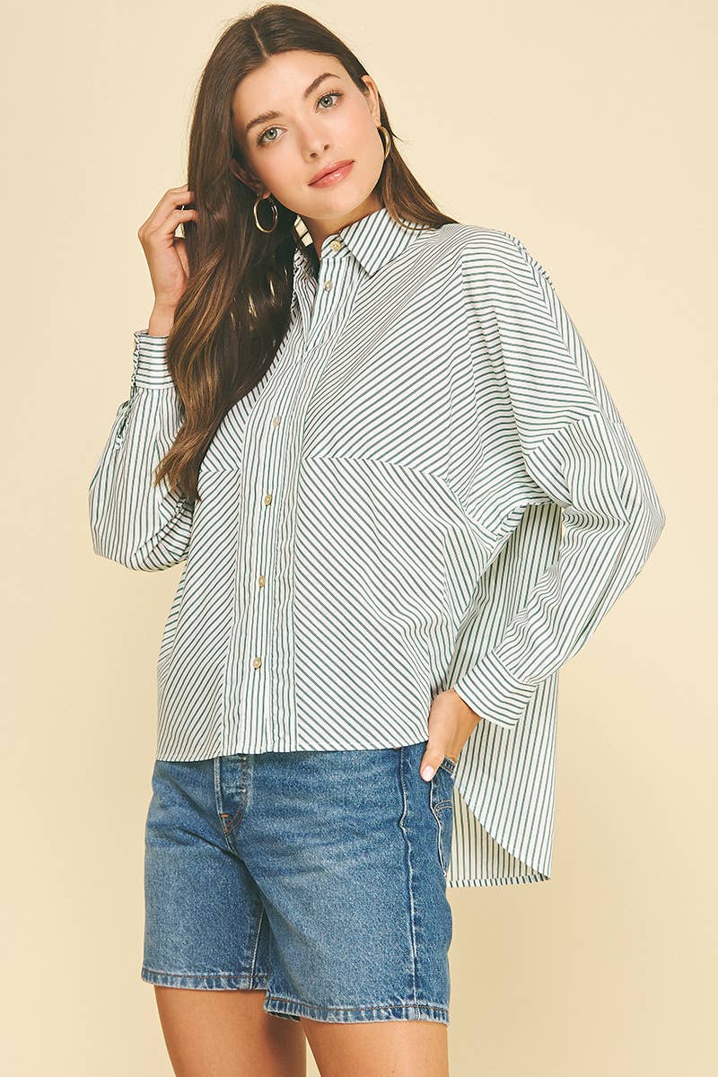 STRIPED BUTTON DOWN SHIRT WITH BLOCKING DETAIL - 6697T: Green / S
