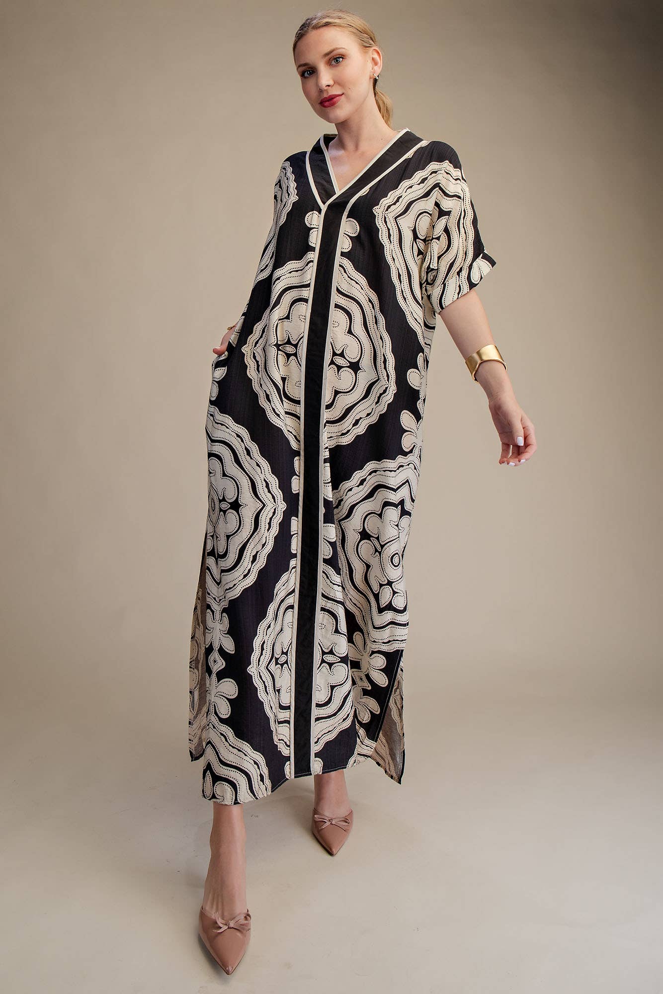V-Neck Short Sleeve Maxi Print Dress: Blue / S