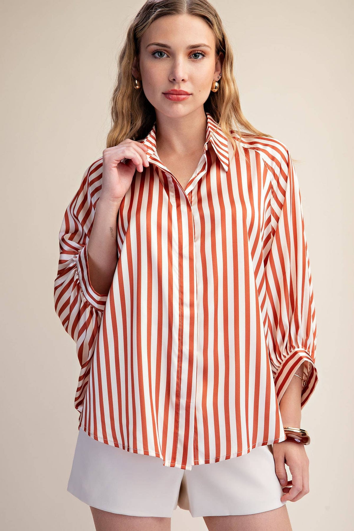 Stripe Wide Puff Sleeve Buttondown Shirt: Olive / M