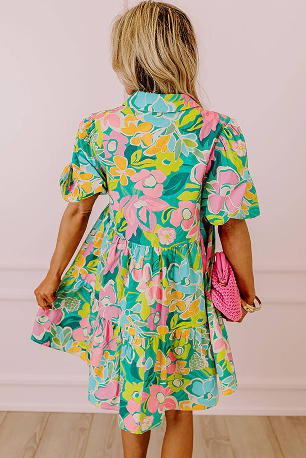 Floral Puff Sleeve Collar Buttoned Babydoll Dress: Green / 100%Polyester / M
