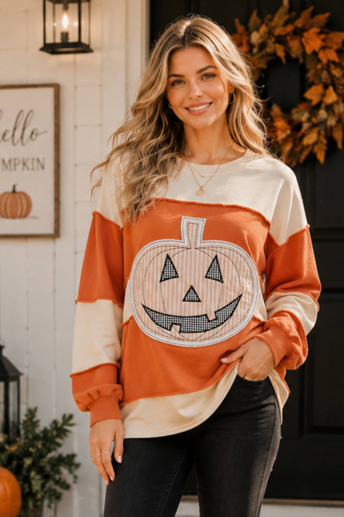Pumpkin Appliqué Color Block Pullover: BURNT ORANGE/CREAM / S-M-L (2-2-2)