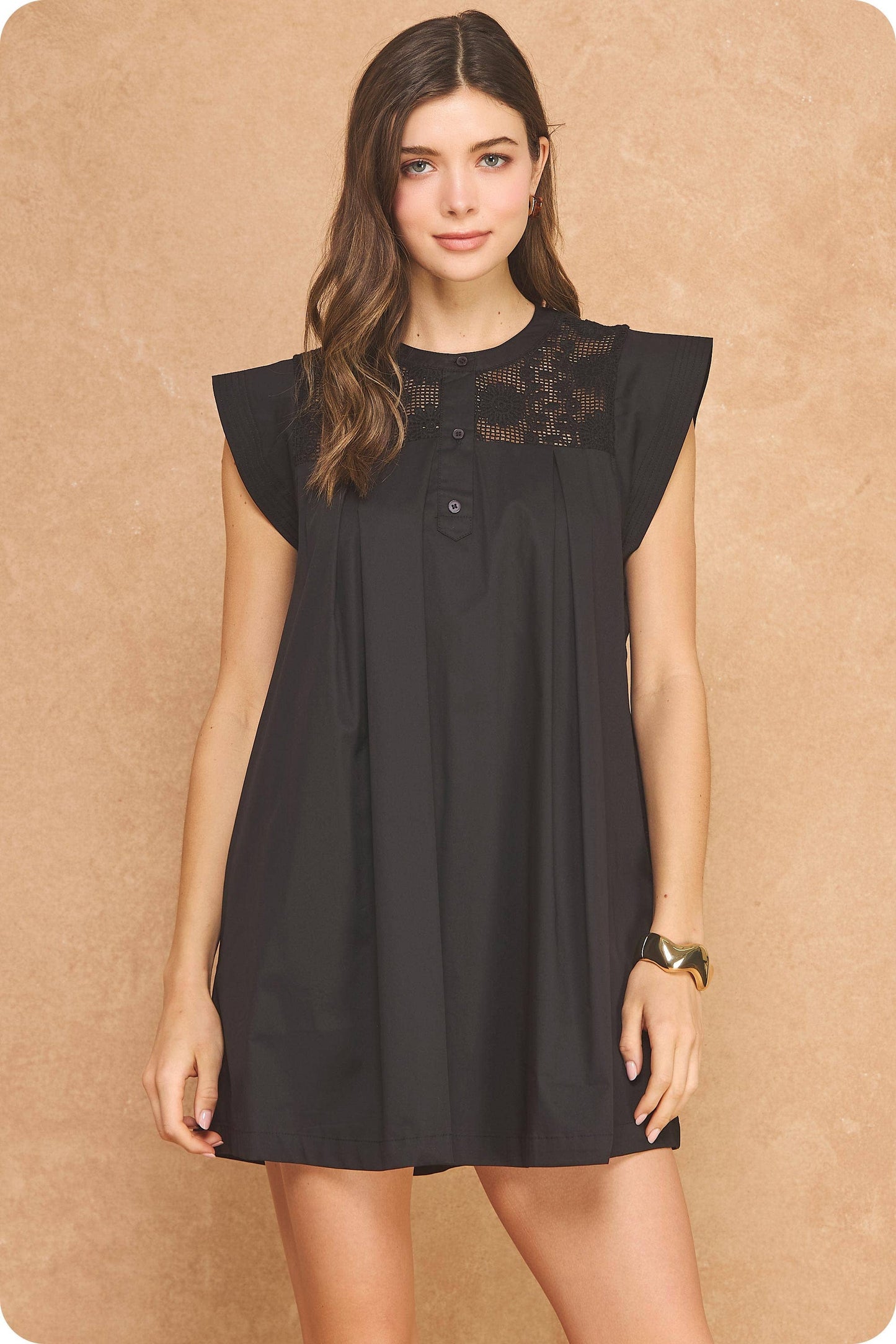 Contrast Floral Crochet Yoke Pleat Mini Dress: Cream / S