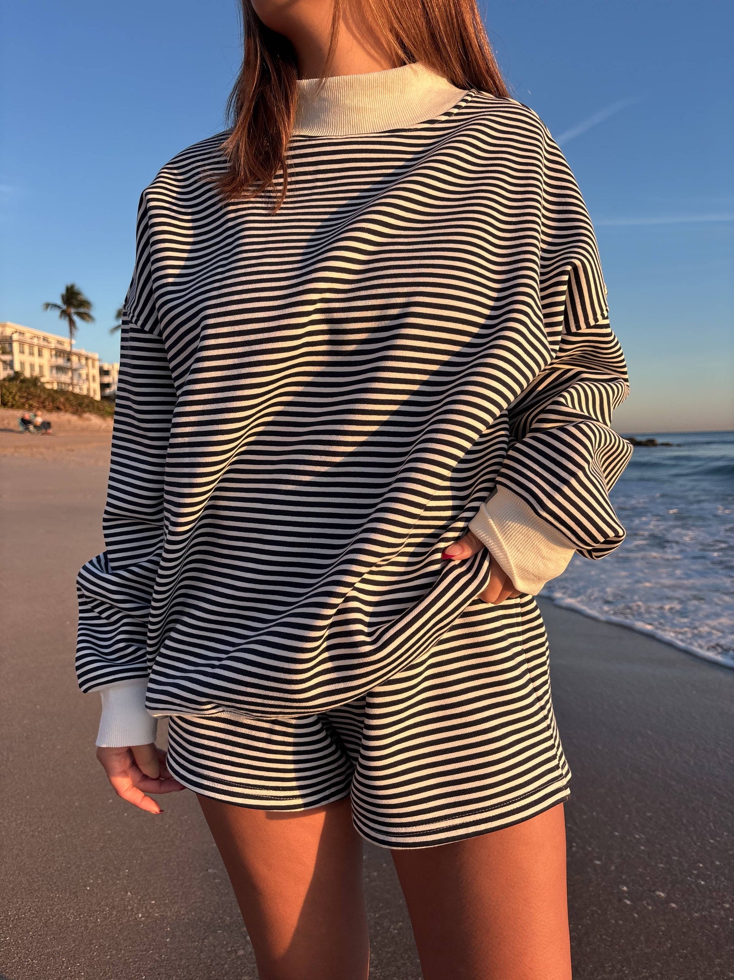 Dark Navy Blue and White Big Striped Mockneck Sweatshirt: Navy Blue/White Big Stripes / Medium