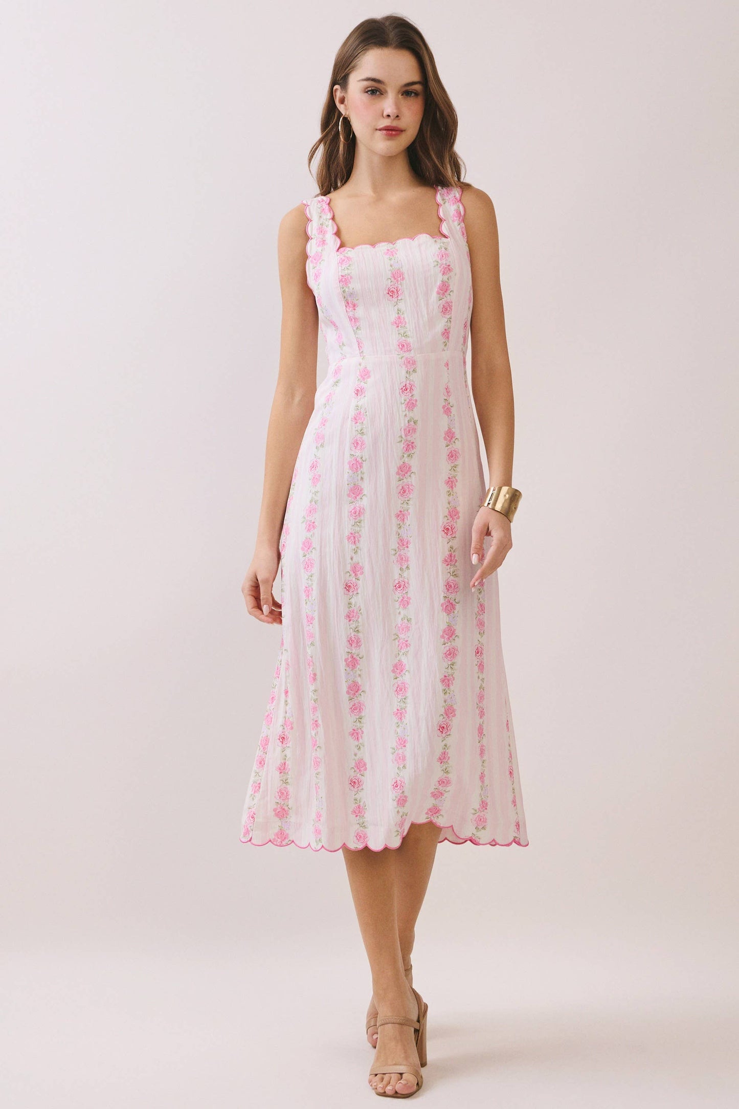 CD06749-Floral Print Scalloped Detail Back Smocked Dress: Pink / M