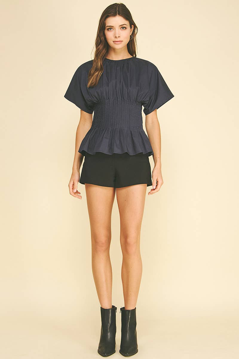 PLEATED WAIST PEPLUM TOP - 7090T: NAVY / M