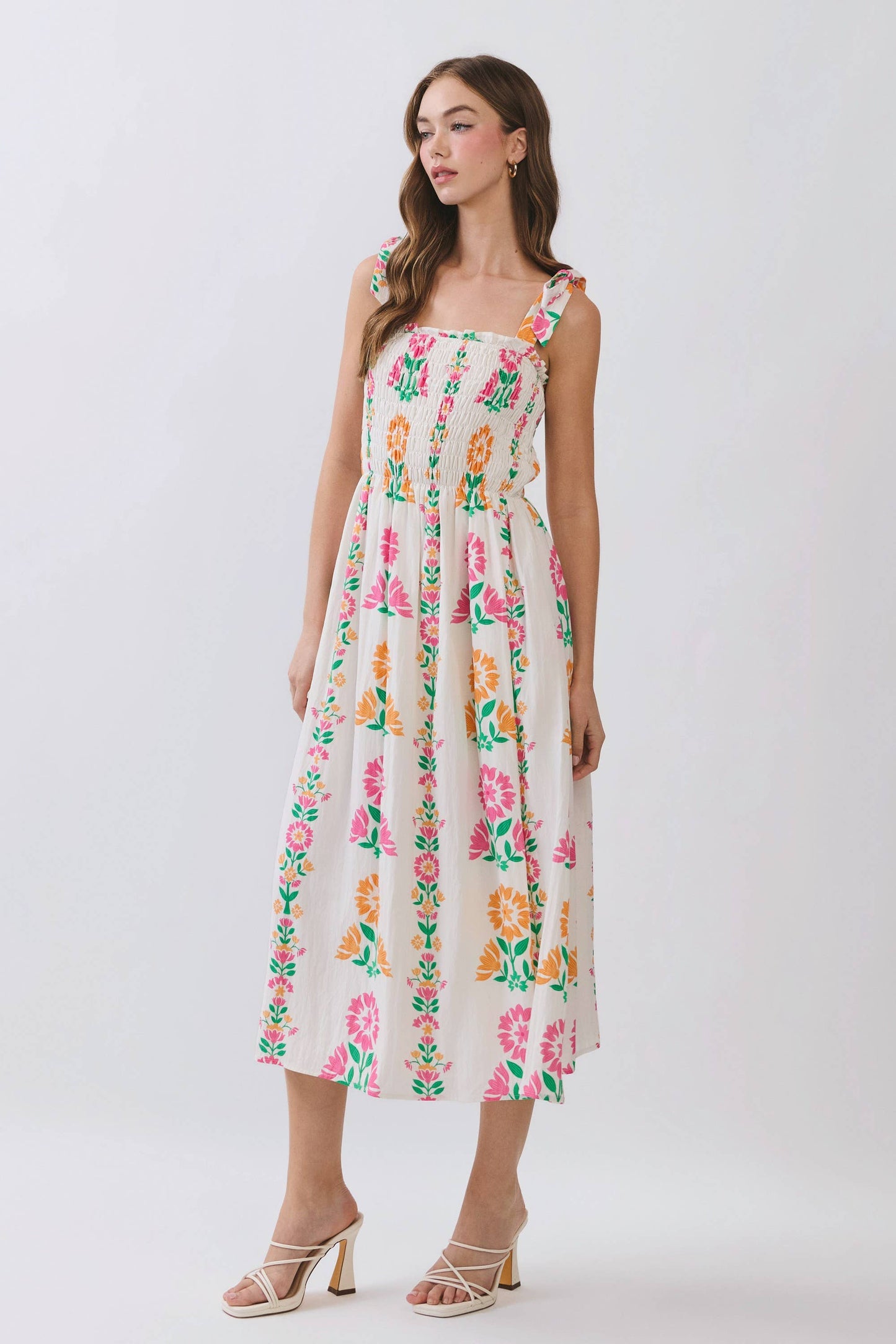 CD07037-Floral Print Smocked Bodice Tie Strap Midi Dress: Pink / L