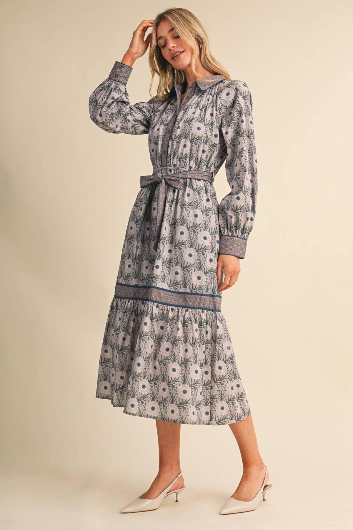 MIXED FLORAL BUTTON DOWN BELTED MIDI DRESS MDR5220: GREY TEAL / L