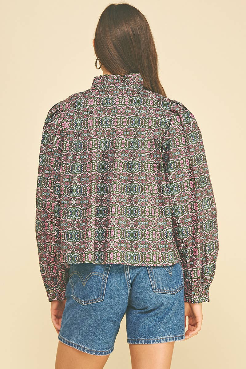 GEOMETRIC FLORAL RUFFLED MOCK NECK BLOUSE - 7594T: NAVY PINK / S