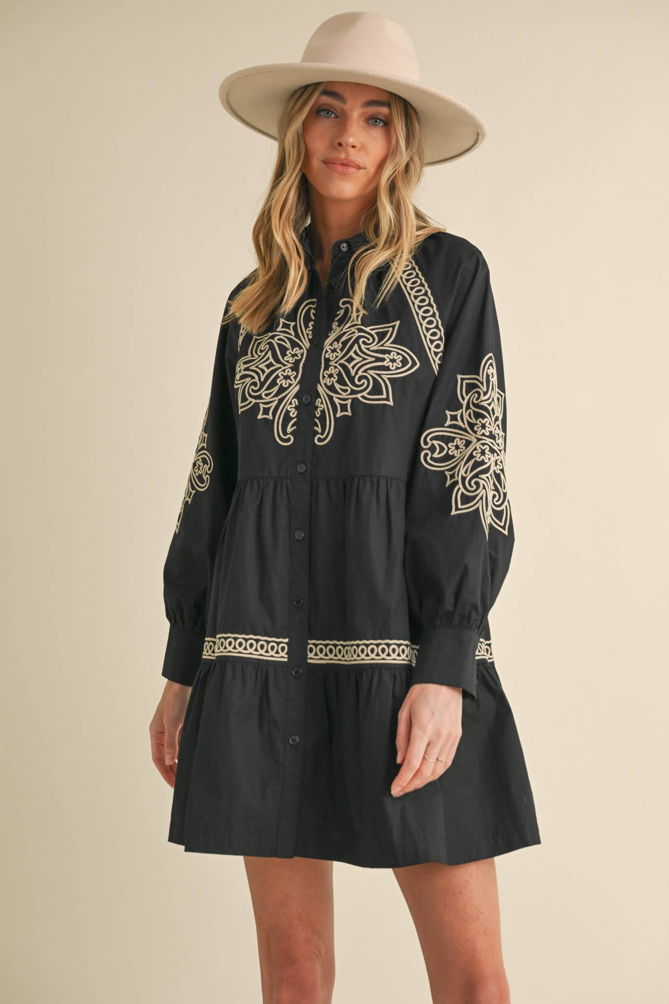 EMBROIDERED BUTTON DOWN MINI DRESS MDR3513: Hunter Green / M