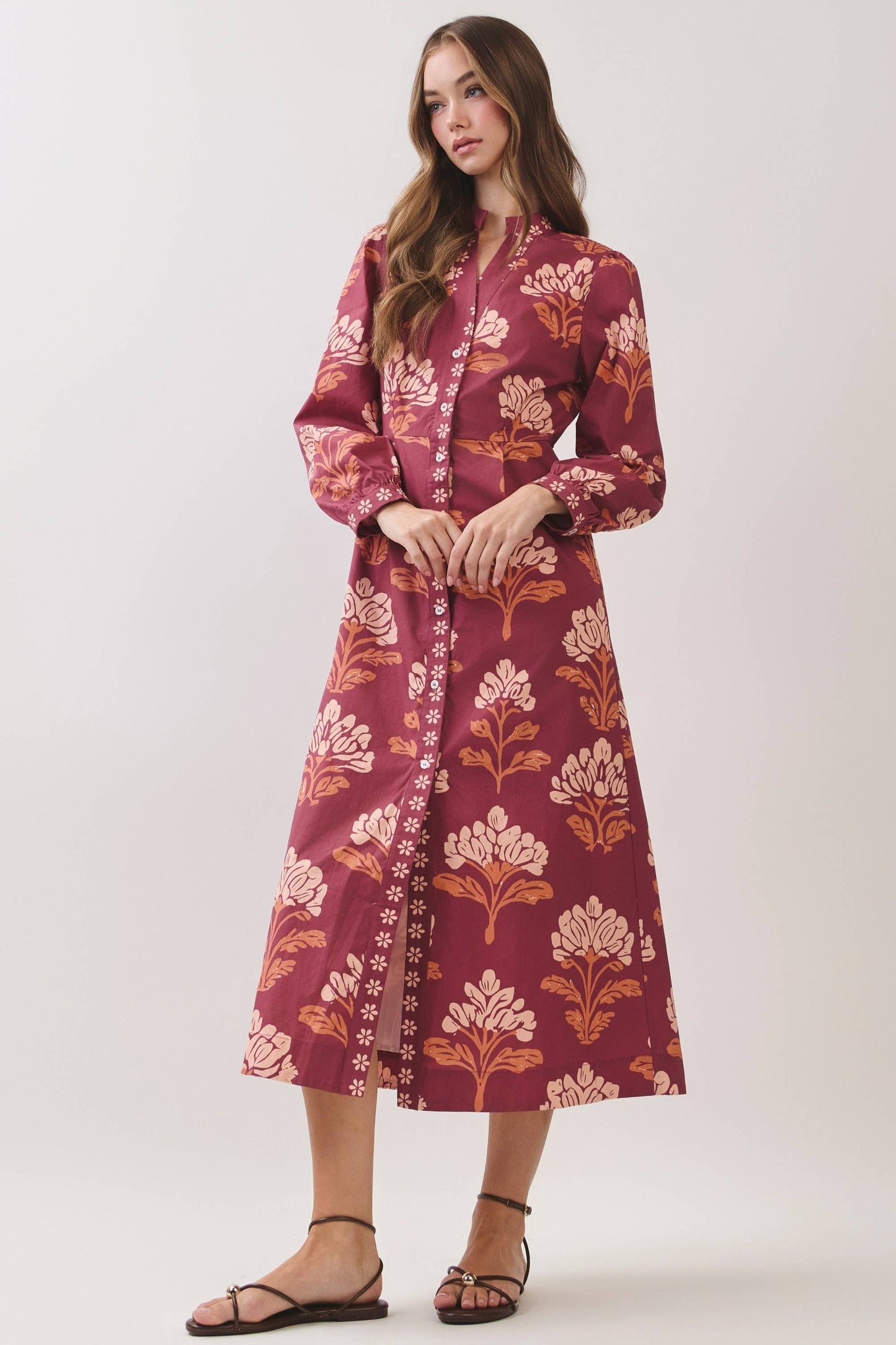 CD07442-Floral Print Shirt Midi Dress: Burgundy / M