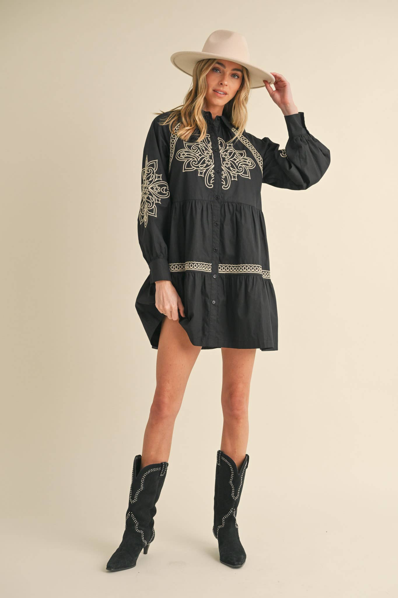 EMBROIDERED BUTTON DOWN MINI DRESS MDR3513: Hunter Green / M