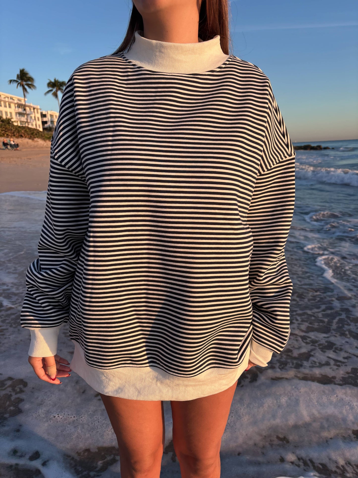 Dark Navy Blue and White Big Striped Mockneck Sweatshirt: Navy Blue/White Big Stripes / XL