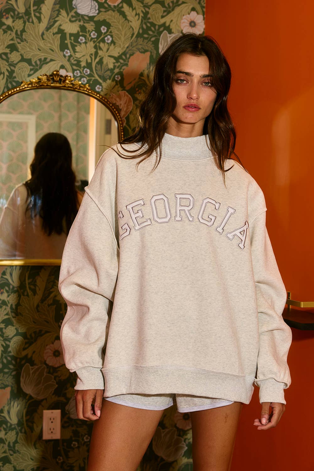 IT2594E-GEORGIA 'GEORGIA' Embroidered Mock Neck Sweatshirt: ASH GREY / S/M-L/XL (3-3)