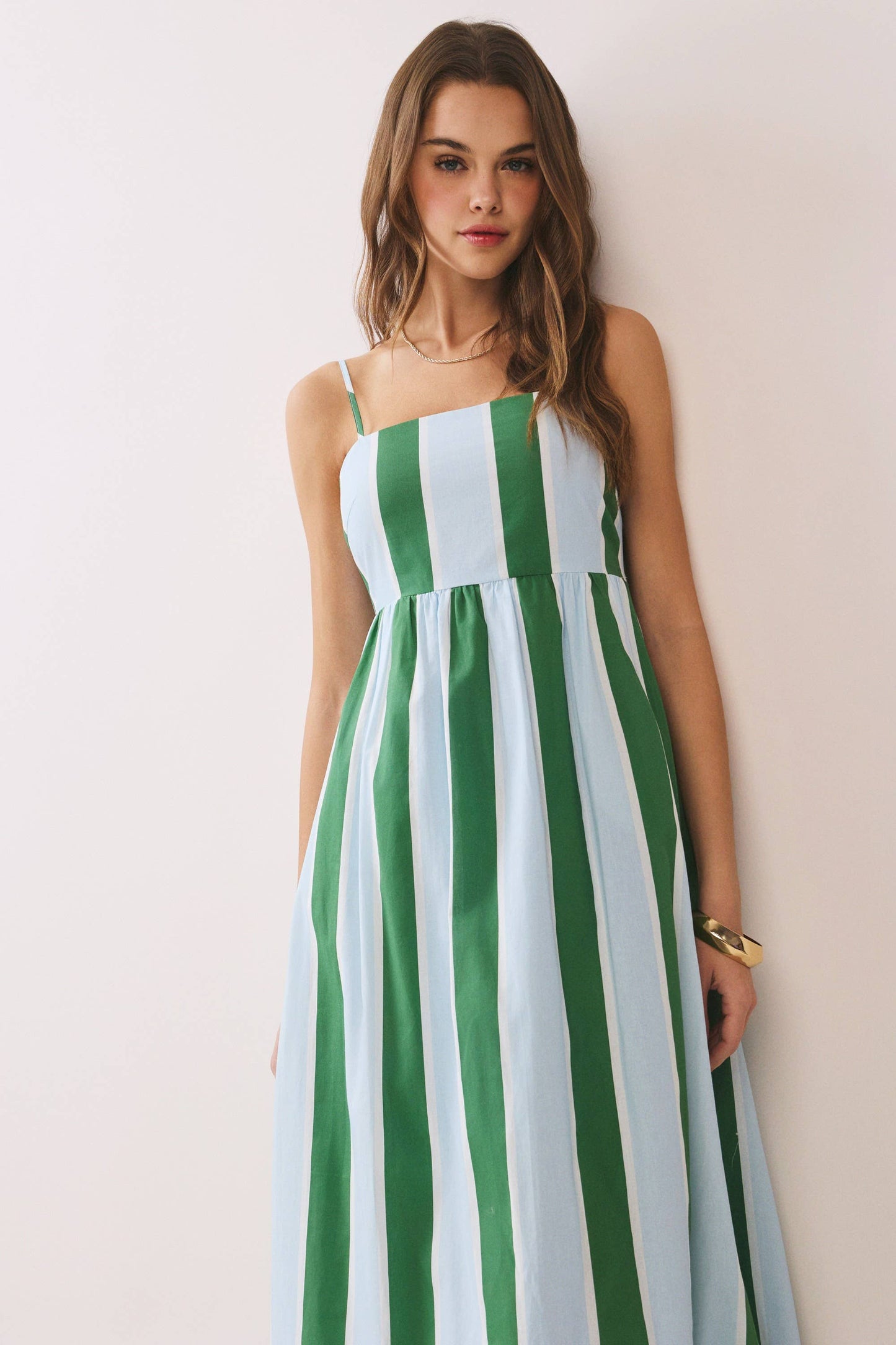 CD06828-Striped Back Smocked Detail Side Pocket Maxi Dress: Green / L