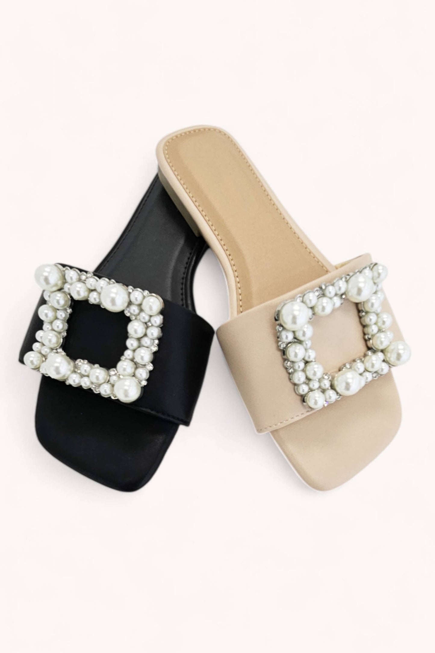 PRIME-78 PEARL JEWEL SQUARE FRAME SLIP-ON SANDALS: BEIGE RAFFIA / B18