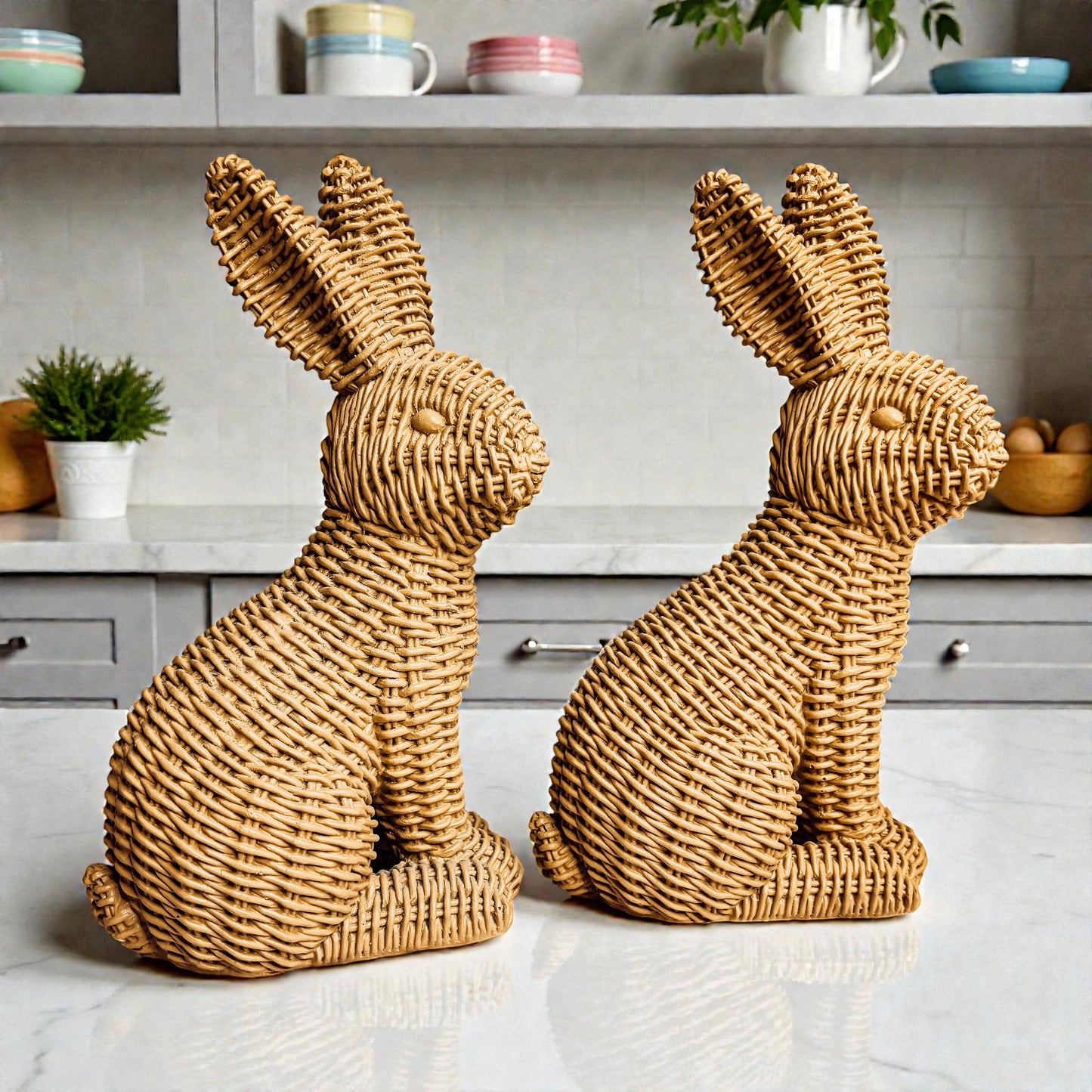 Rabbit Statue Wicker Weave Bunnies, Easter Bunny Home Decor: Brown