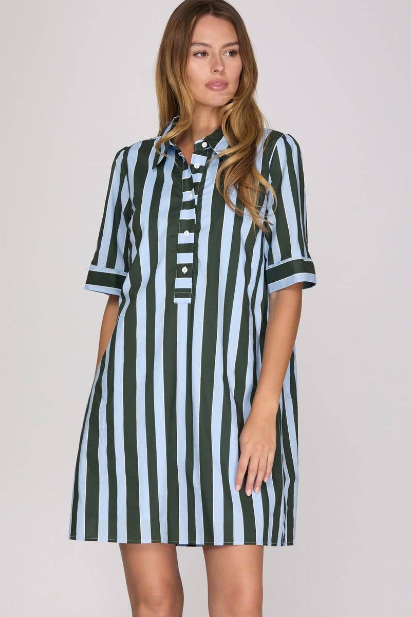 Short Sleeve Striped Mini Dress: SEA GREEN/LT BLUE / 2-2-2(S-M-L)