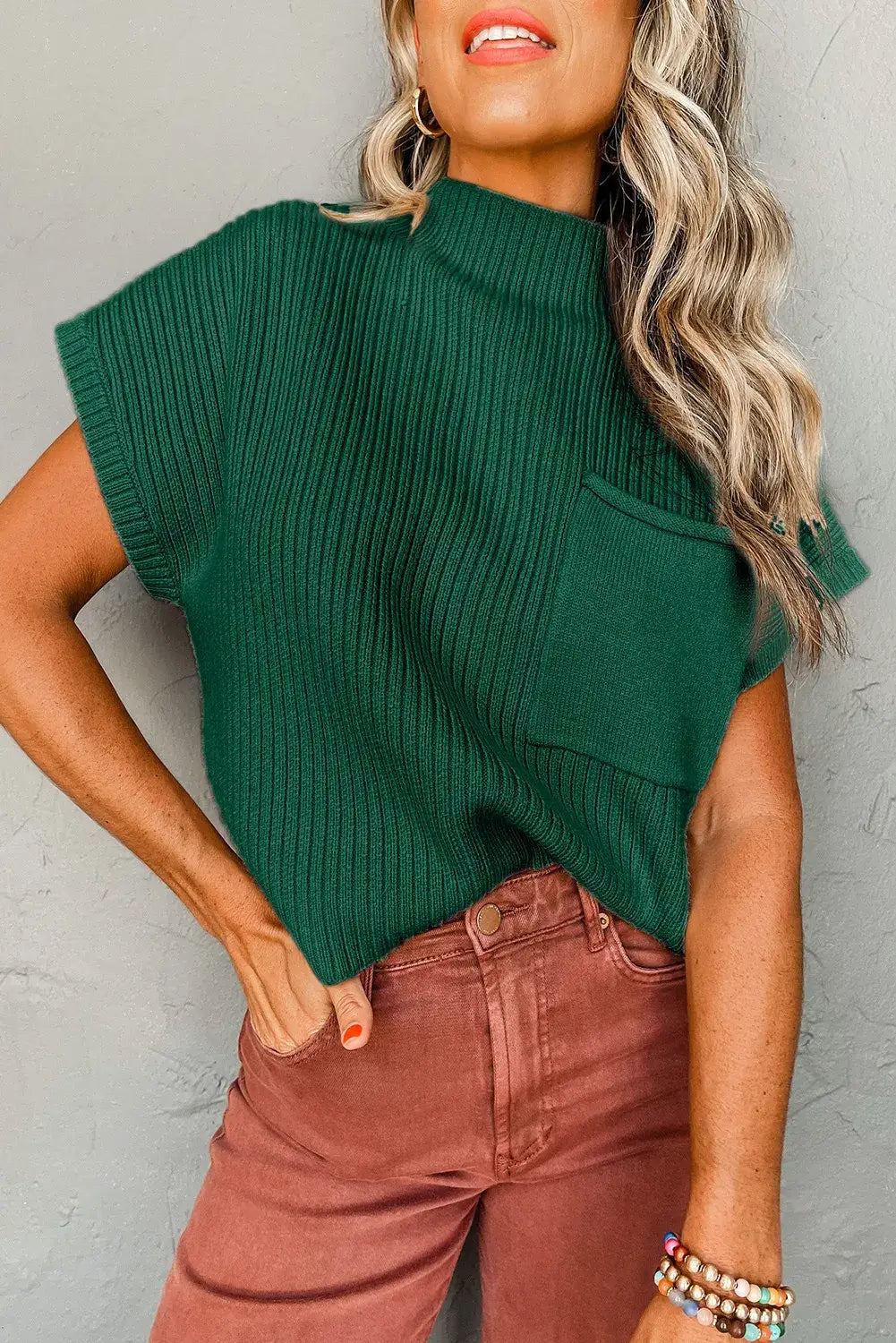 Oatmeal Patch Pocket Ribbed Knit Short Sleeve Sweater: Oatmeal / 50%Viscose+28%Polyester+22%Polyamide / M
