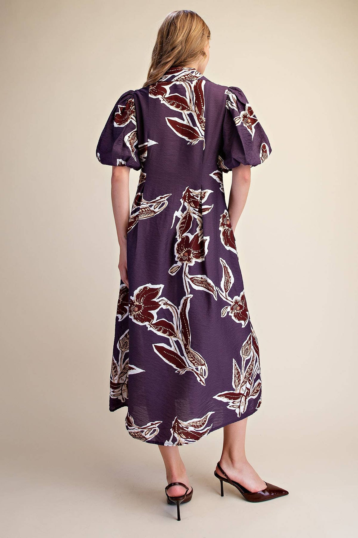 Fall/Winter Print Puff Sleeve Midi Dress : Rust / M