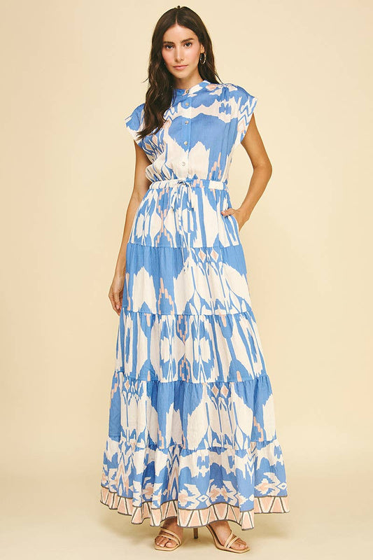 GEOMETRIC PATTERN TIERED MAXI DRESS - 6198DB: BLUE MULTI / S