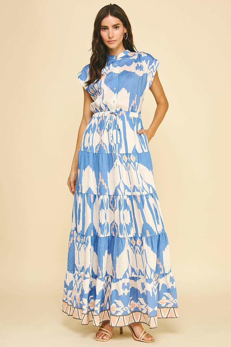 GEOMETRIC PATTERN TIERED MAXI DRESS - 6198DB: BLUE MULTI / L