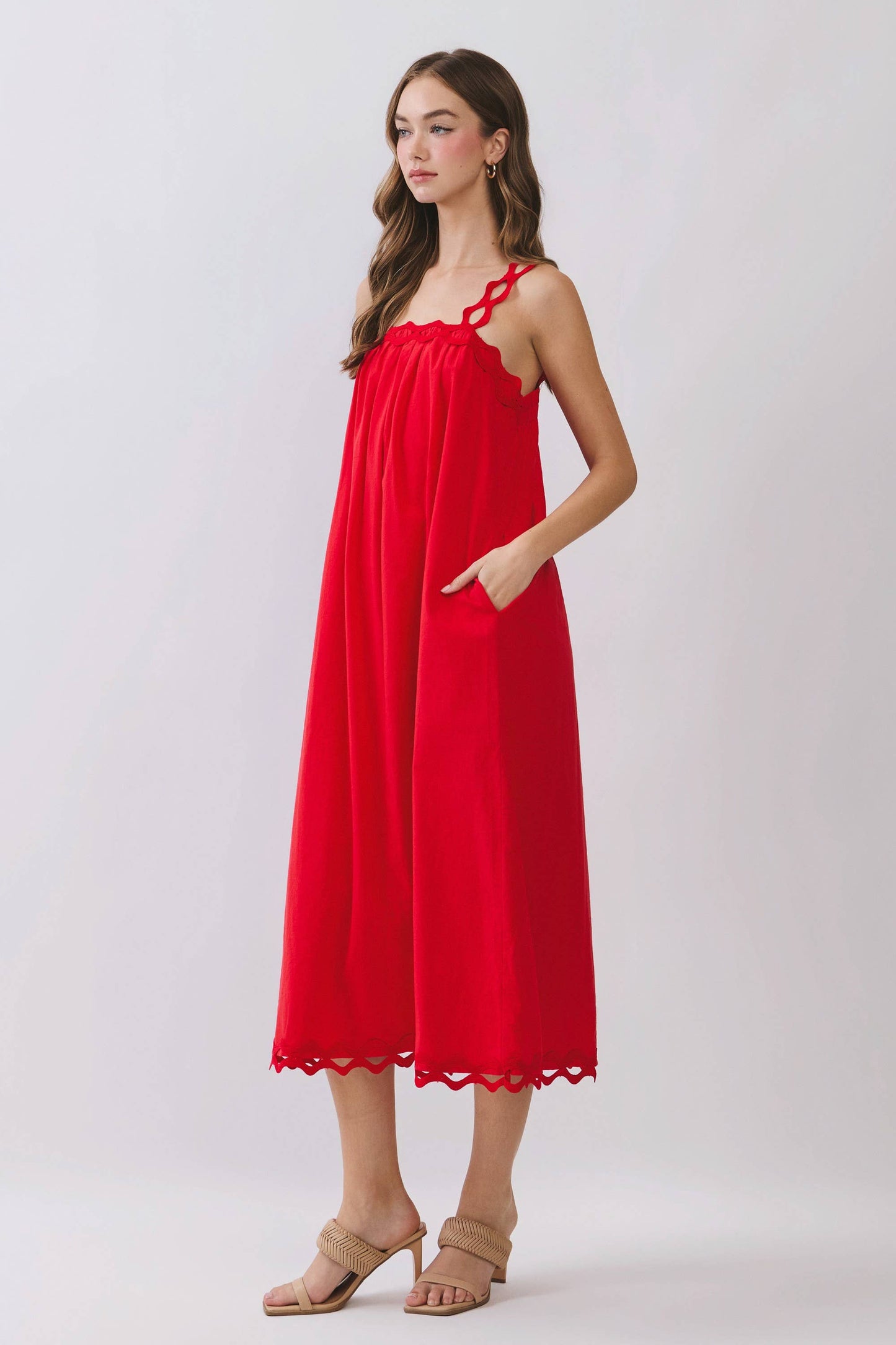 CD07116-Scallop Strap Relaxed Fit Midi Dress: Blue / L