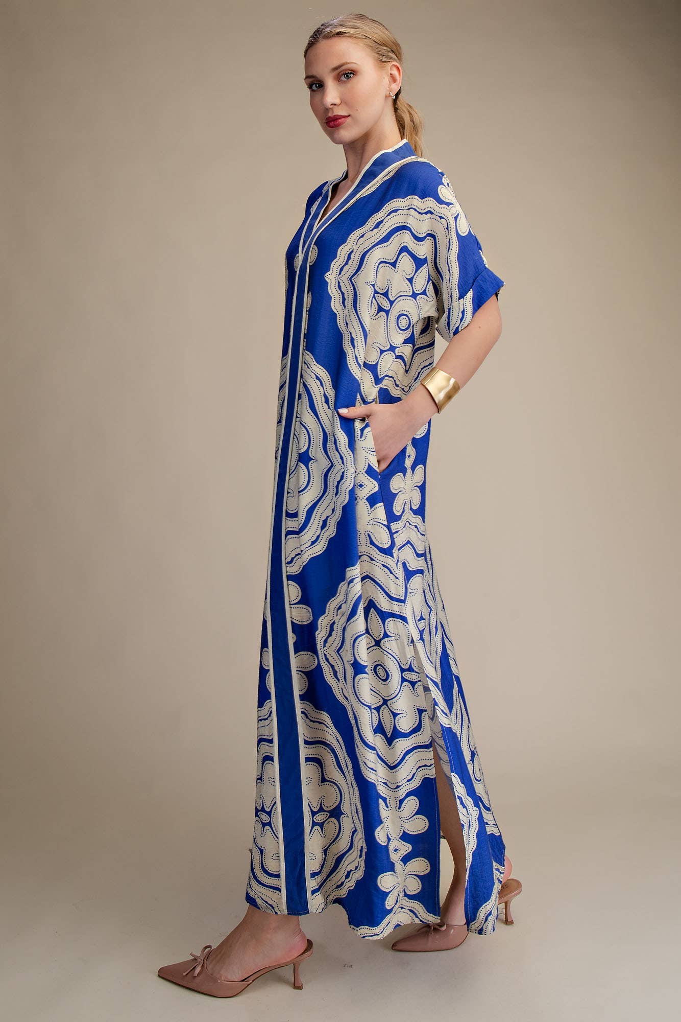 V-Neck Short Sleeve Maxi Print Dress: Blue / L