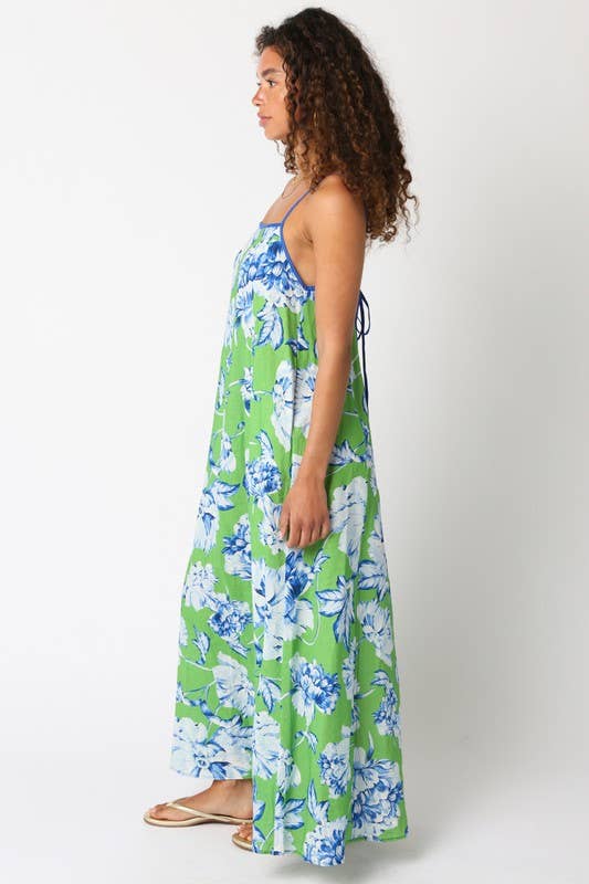 Erika Floral Dress: Green White Blue / S