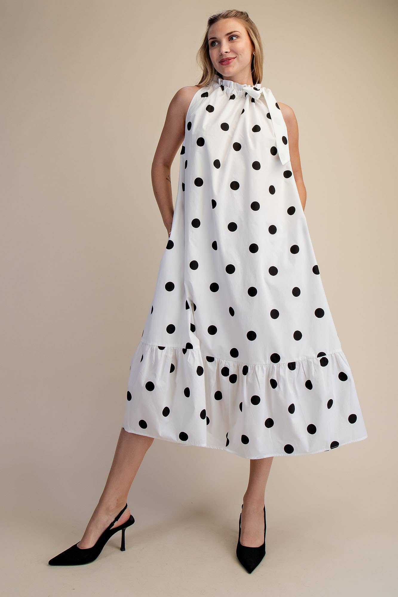 Ruffle Neck Tie Sleeveless Polka Dot Midi Dress: Blue / L
