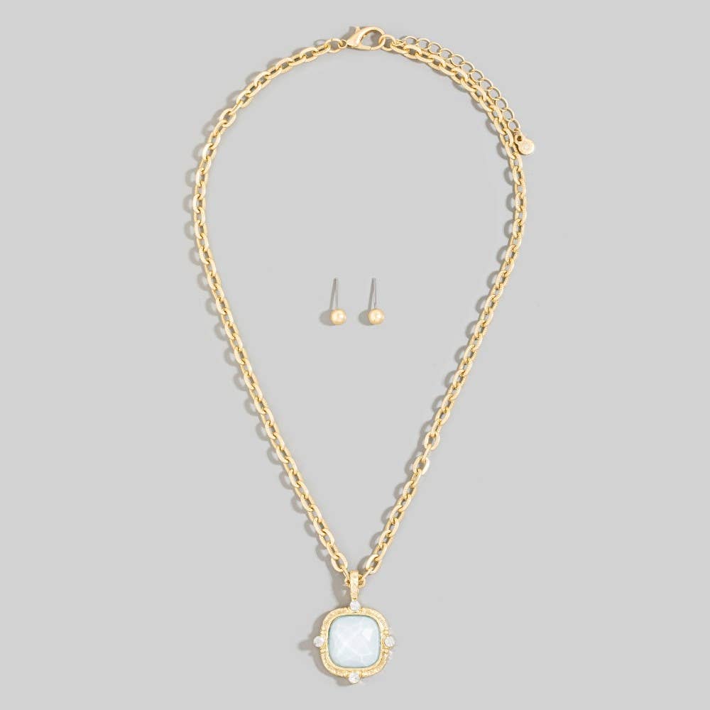 Square Faceted Stone Pendant Chain Necklace Set: PL