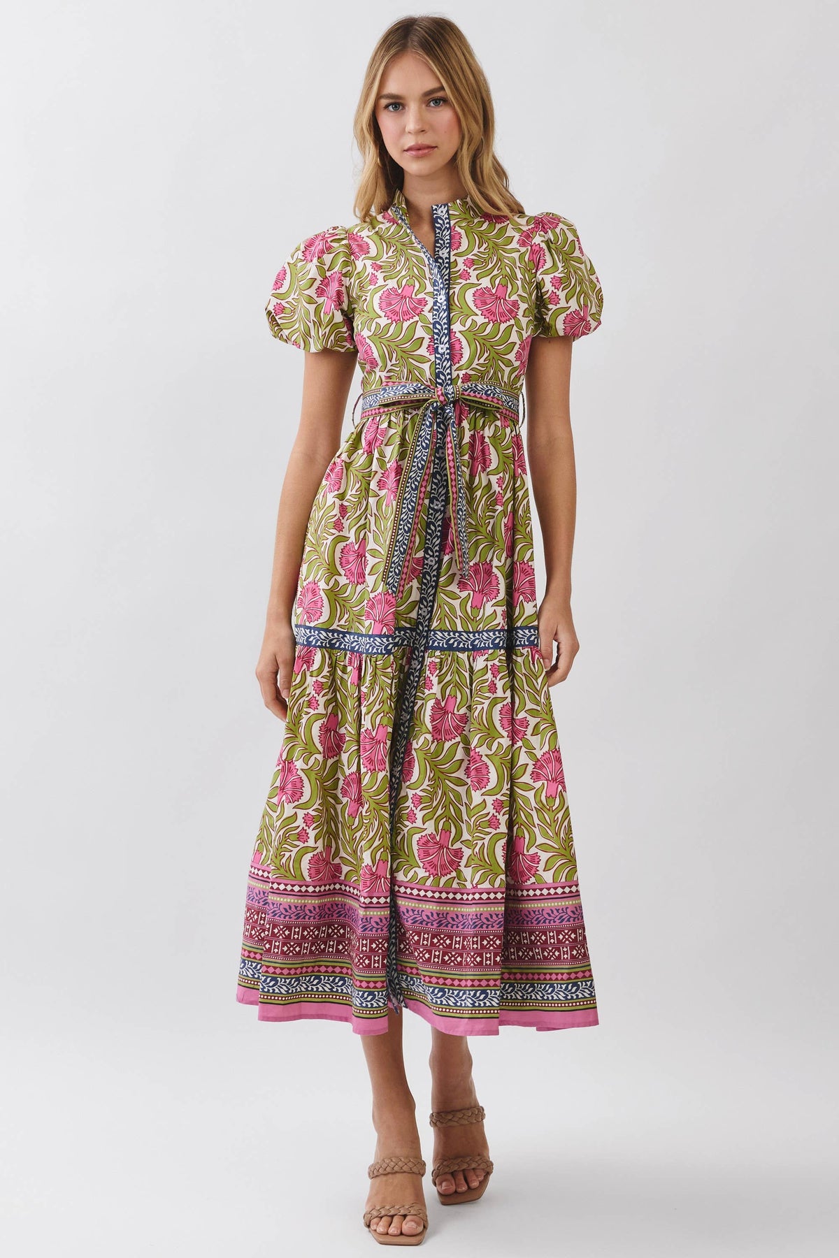 CD07204-Floral Border Print Tie Waist Maxi Dress: Green / L