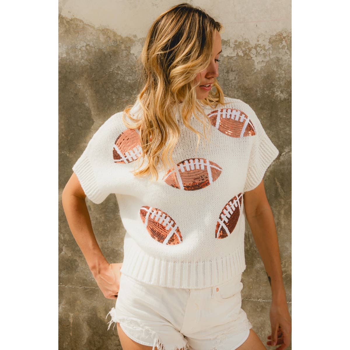 SEQUIN FOOTBALL PATCHES RIB BANDED SWEATER: OATMEAL / XL