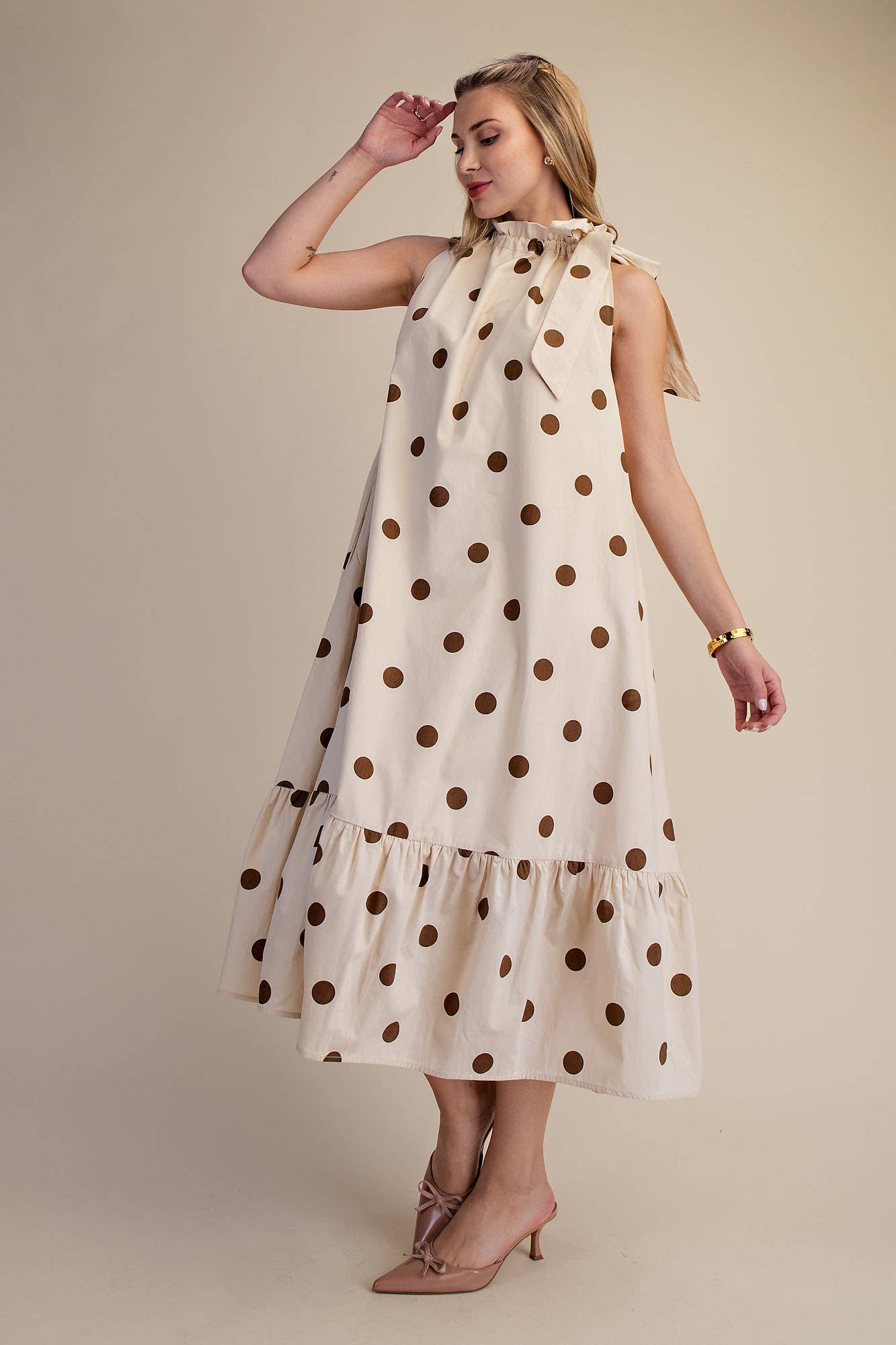 Ruffle Neck Tie Sleeveless Polka Dot Midi Dress: Blue / S