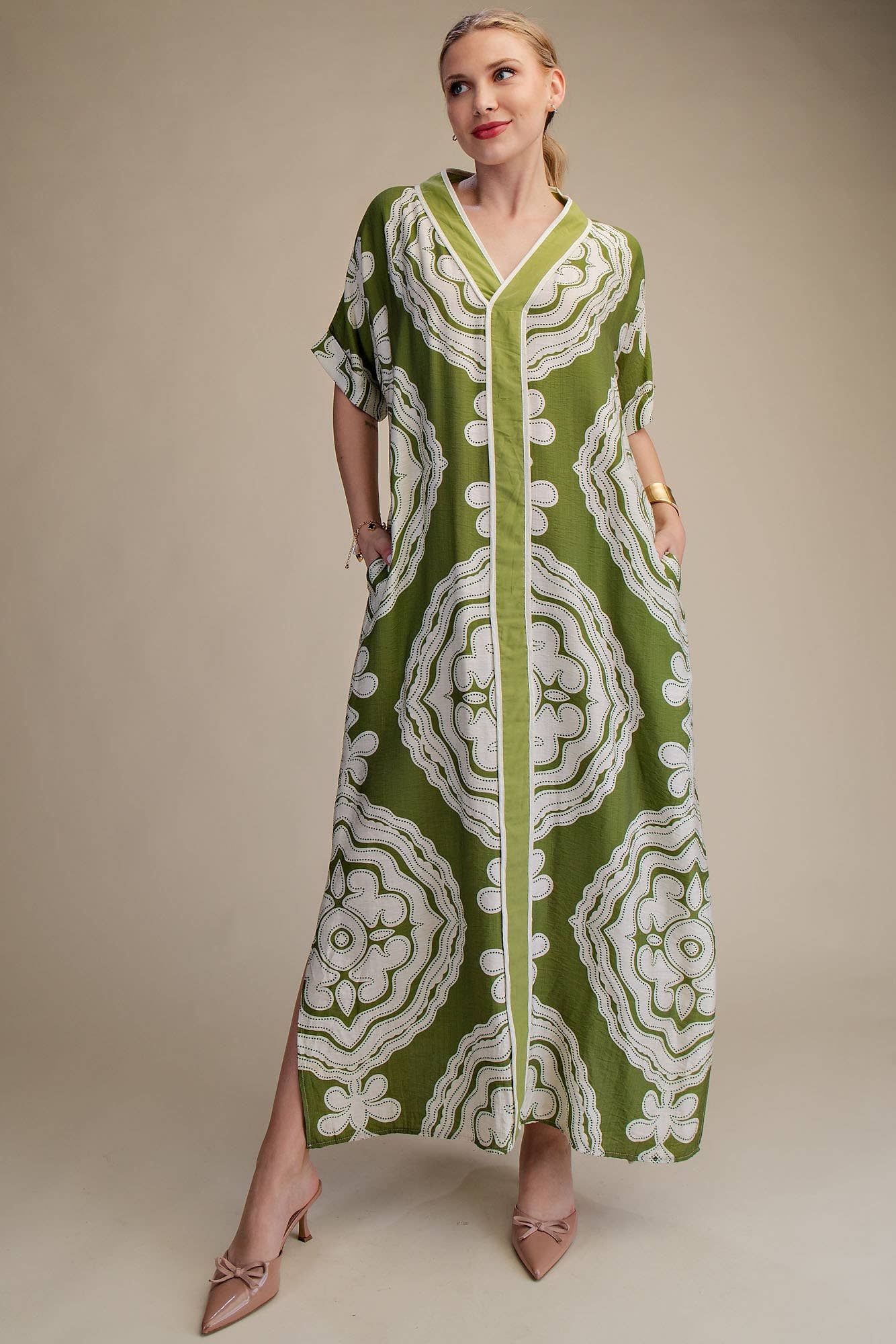 V-Neck Short Sleeve Maxi Print Dress: Blue / S