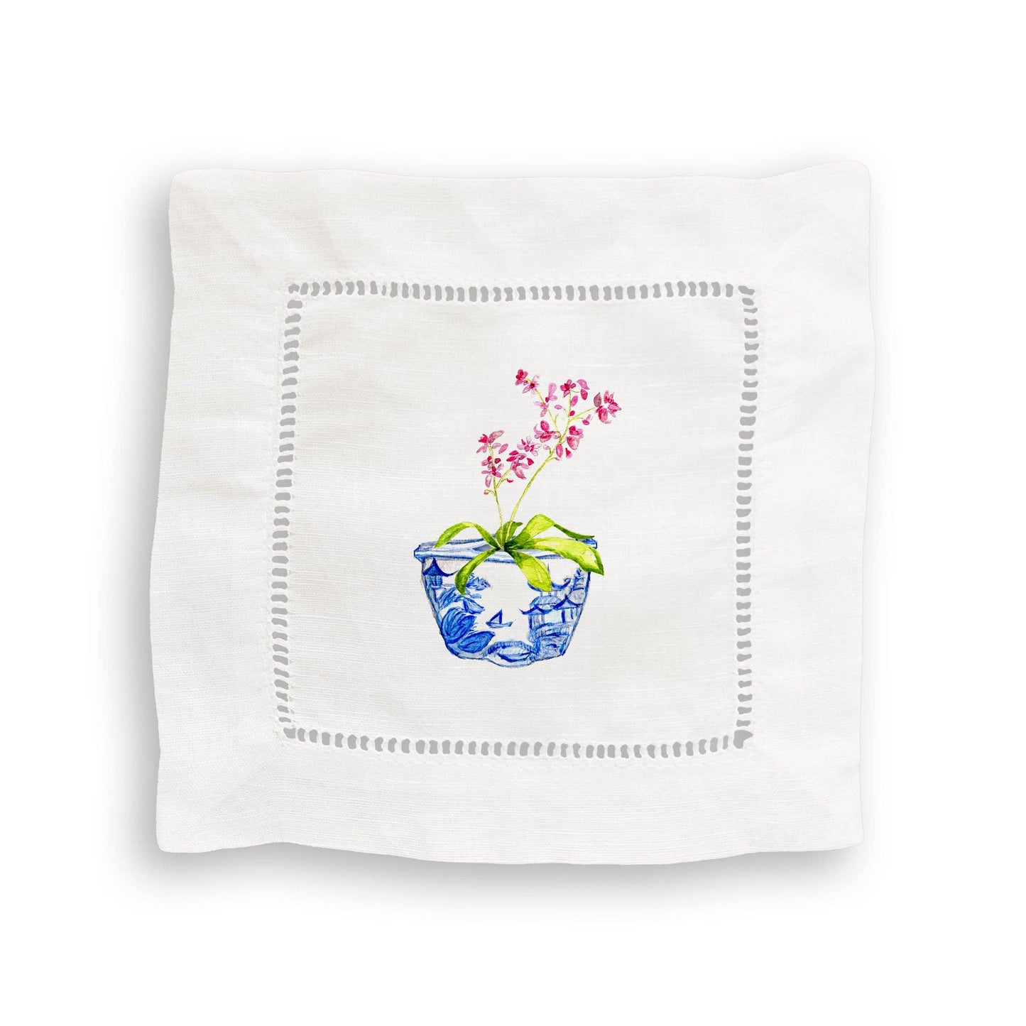 Blue & White Bowl with Pink Orchid: Dishtowel / -
