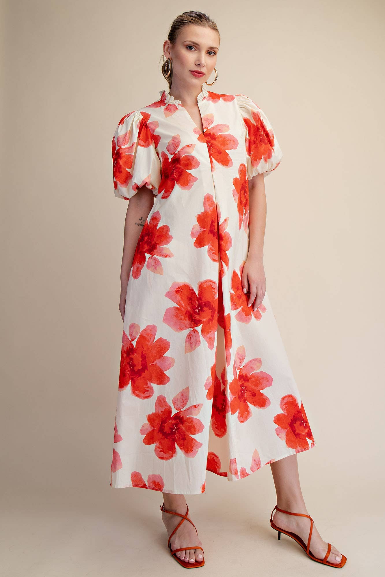Ruffle V-Neck Puff Sleeve Waist Pleated Midi Dress: Sky / S
