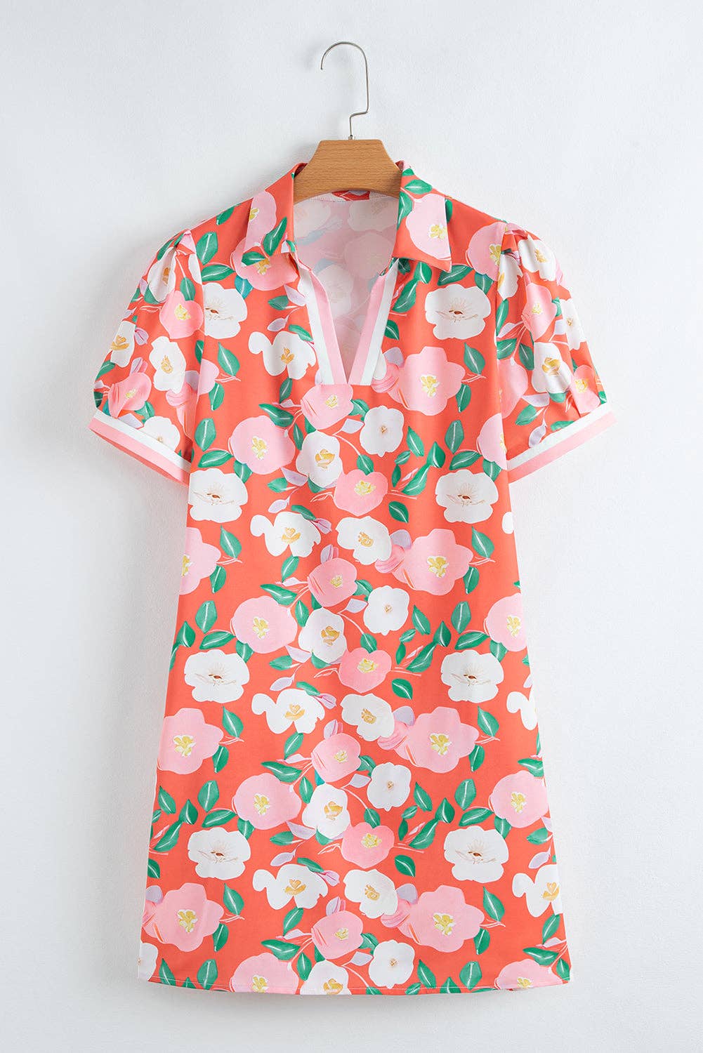 Fresh Salmon Floral Print Contrast Striped Trim Polo Collar T Shirt Dress: Fresh Salmon / 100%Polyester / M