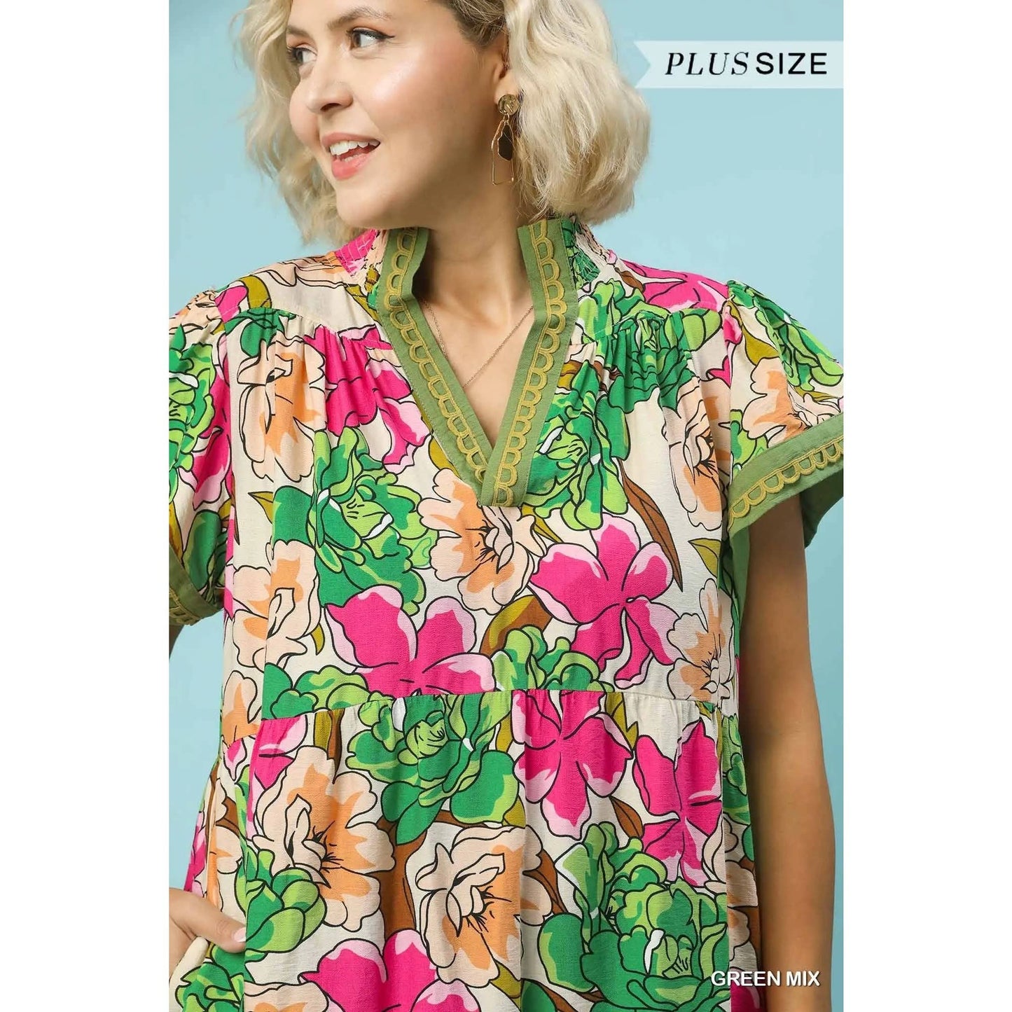 PLUS Mix Bold Floral Tiered Midi Dress: TEA BERRY MIX / XL