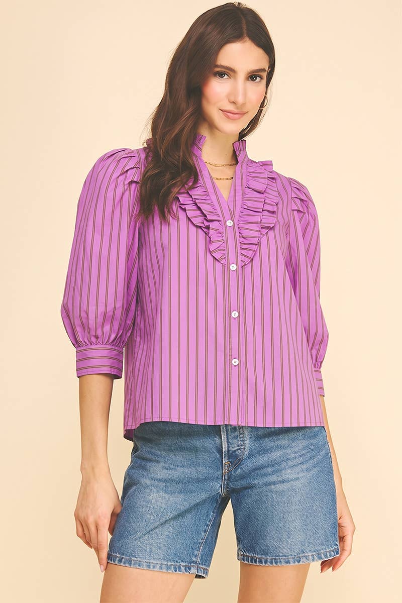 STRIPED RUFFLED COLLAR PUFF SLEEVE BLOUSE - 6241TA: CREAM/TAUPE / S