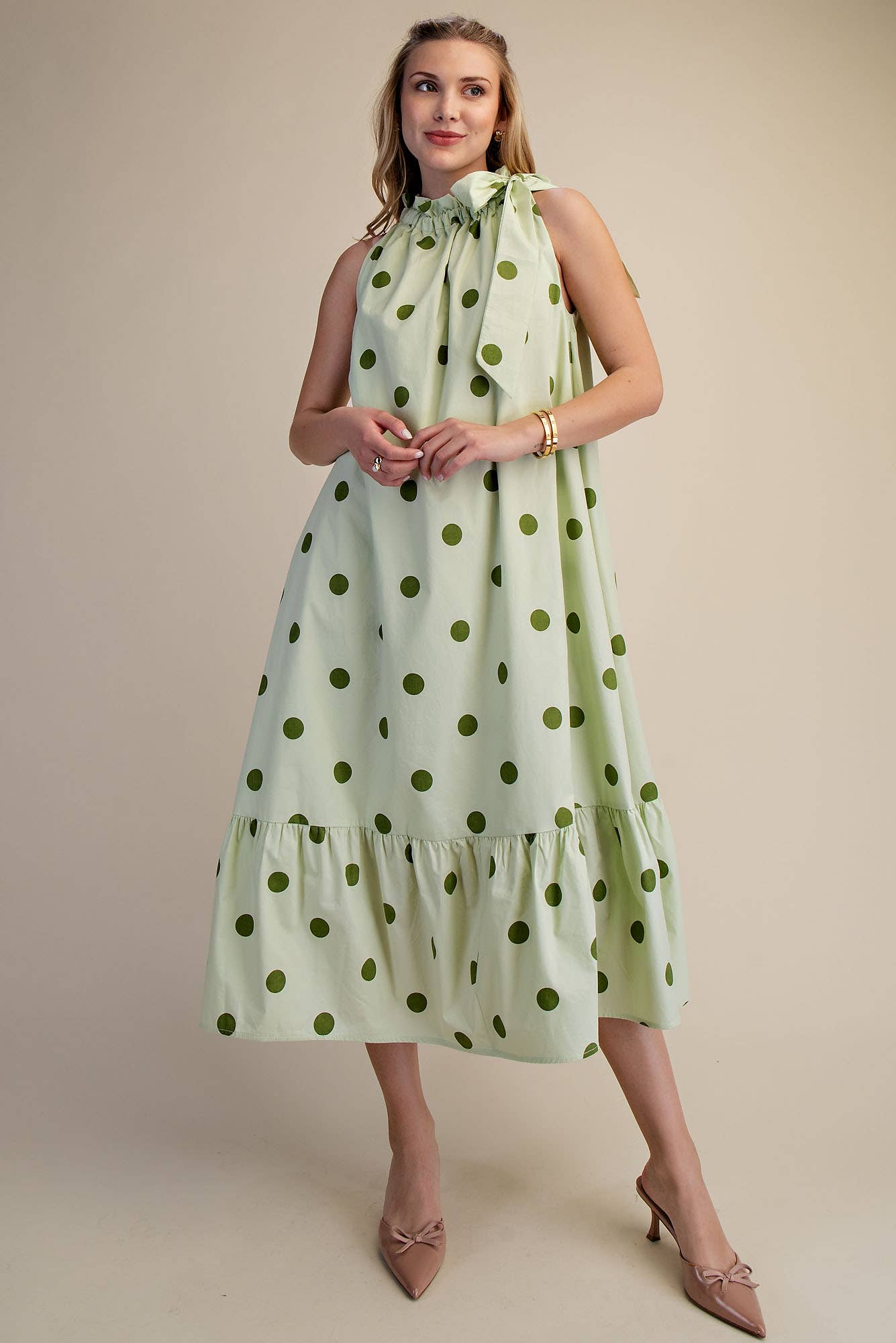 Ruffle Neck Tie Sleeveless Polka Dot Midi Dress: Blue / M
