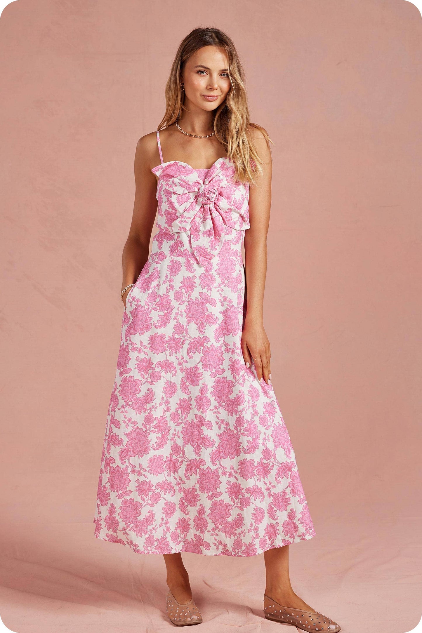 Botanical Garden Bow Flower Sleeveless Midi Dress: Pink/white / M