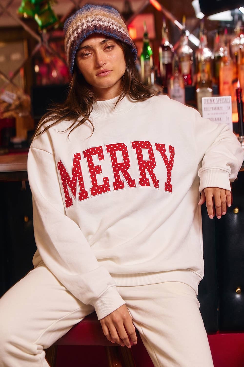 IT2594E-MERRY5 | 'MERRY' Polka-Dot Mock-Neck Sweatshirt: HUNTER GREEN / L/XL