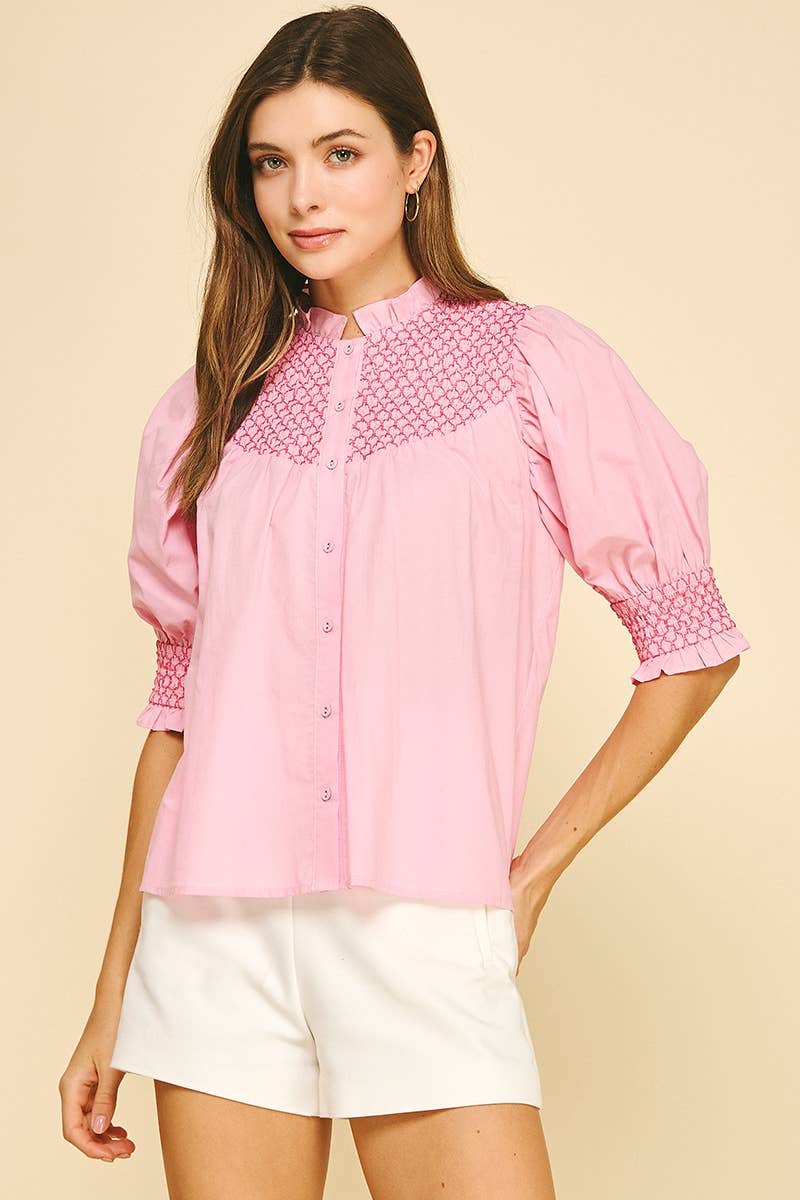 EMBROIDERED BUTTON DOWN BLOUSE TOP - 4951TB: Pink / M