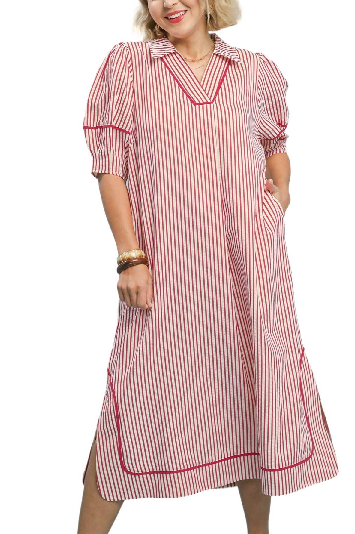 Plus Striped Midi Dress With Puff Sleeves: LT OLIVE / 1-1-1(XL-1XL-2XL)